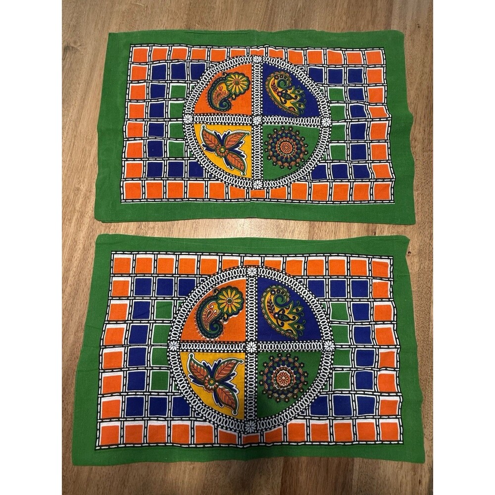 Vintage 1970s Boho Pillowcases Pair Green Orange Maximalist Mod Retro Hippie